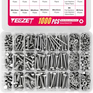 YEEZET 1000pcs M4 M5 M6 Bolts and Nuts Washers Assortment Kit, 304 Stainless Steel Metric Bolt Assortment Set,15 Most Common Sizes,10-40mm