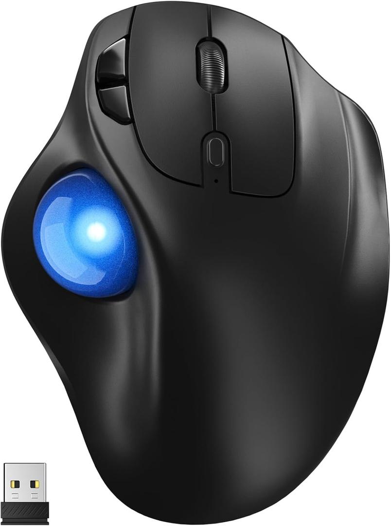 Ergonomic Wireless Trackball Mouse, 3 Device Connection (Bluetooth or 2.4G USB Receiver) Bluetooth Quiet Computer Mouse, 2*AAA Battery Thumb Laptop Mice with 5 Level DPI for PC/Laptop/Mac/Windows Blue
