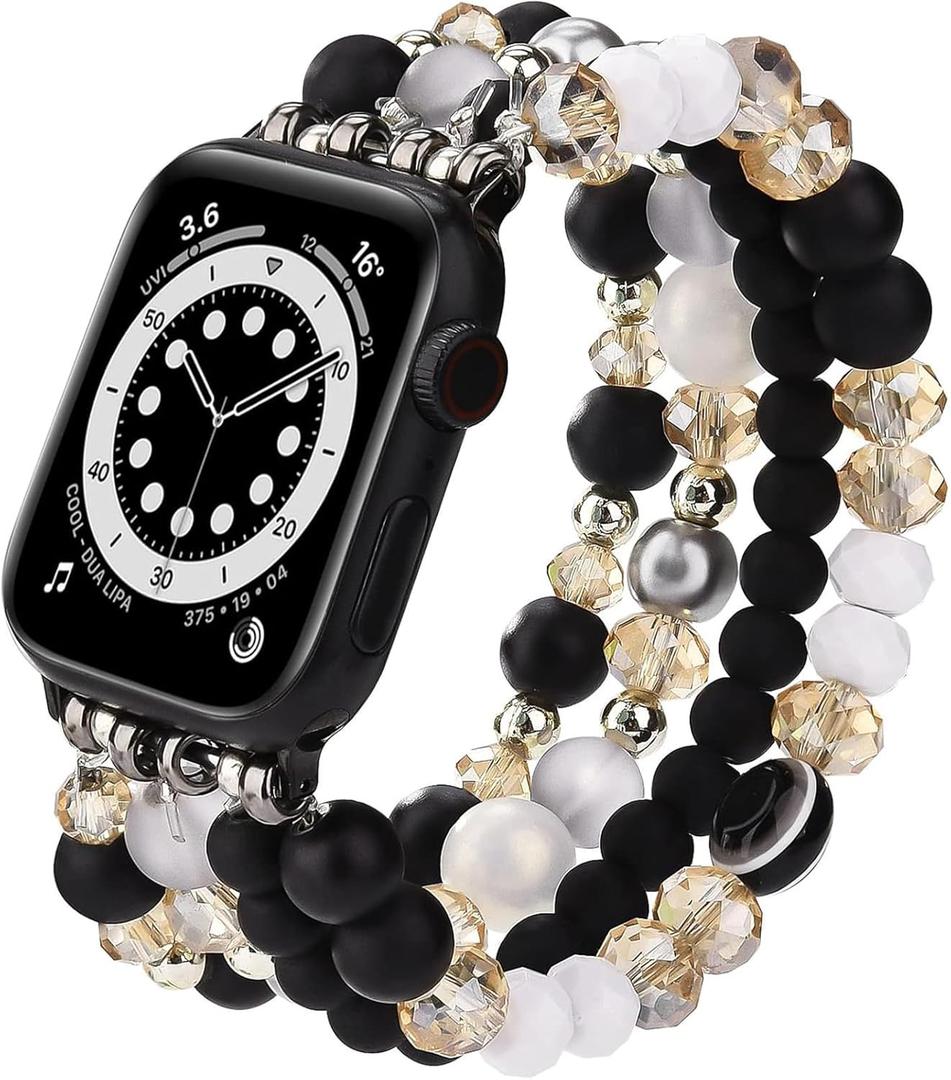 CAGOS Bracelet Beaded Compatible with Apple Watch Band Series 10/9/8/7/6/5/4/3/2/1 SE 38mm 40mm 41mm 42mm 44mm 45mm 46mm, Cute Handmade Fashion Elastic Stretchy iWatch Bands for Women (Black White, 42mm/44mm/45mm/46mm(Series 10)-(6"-6.9")