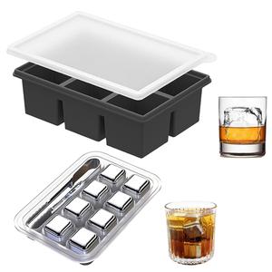 Large Silicone Ice Cube Tray with Lid & 8 Stainless Steel Whiskey Stones - Easy Release 2 Inch Square Ice Mold & Reusable Metal Chilling Rocks Set for Cocktails, Bourbon, Scotch - Gifts for Men-BLACK