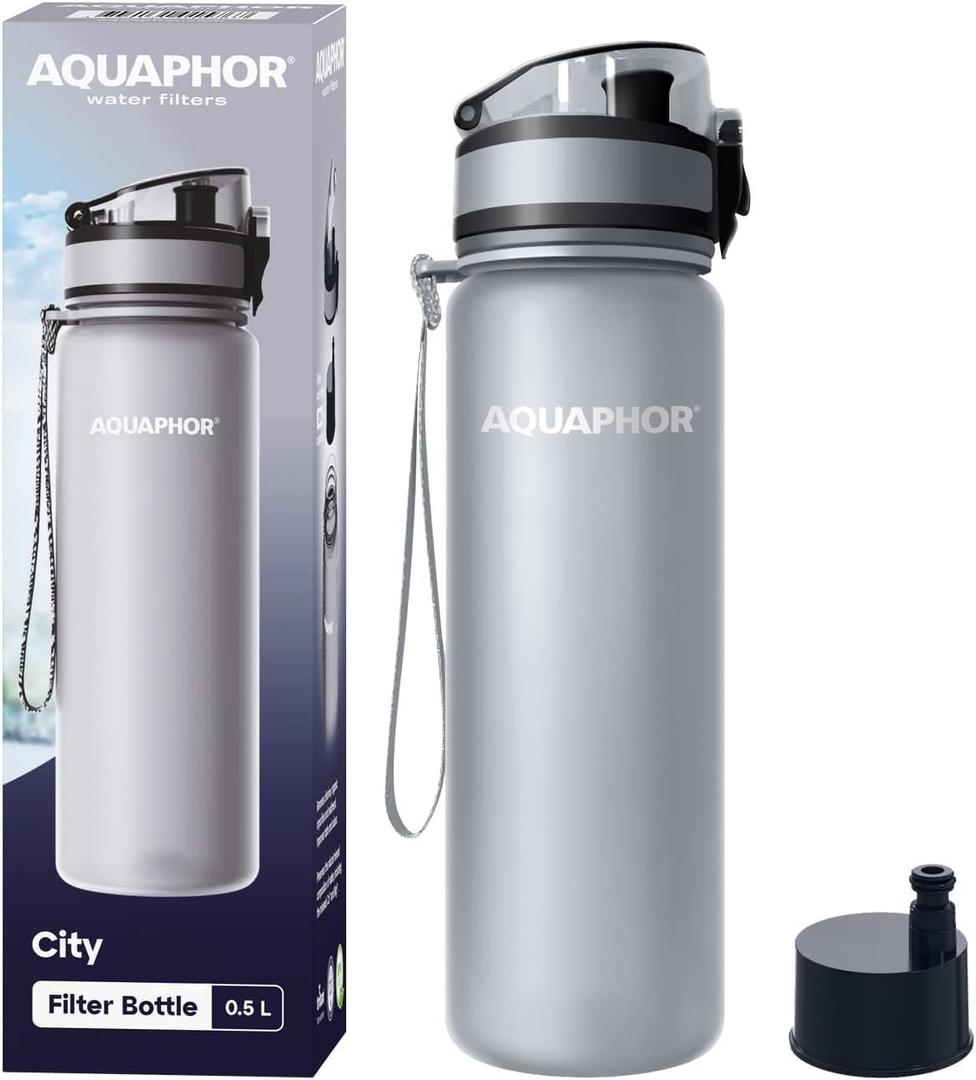 AQUAPHOR City Water Filter Bottle 500 ml | Portable Filtered Water Bottle with Integrated Water Purifier | BPA-Free | Reusable Bottle with Water Filter for Camping, Travel & Outdoor Use | Grey (16.9 Ounces)