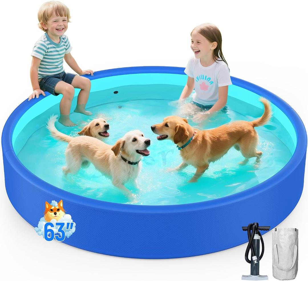 63" Drop-Stitch Foldable Dog Pool, Military-Grade Thickened PVC Dog Pet Bath Tub, Ultra-Rigid Collapsible Heavy Duty Kiddie Pool Doggie Pool for Small Medium Large Dogs (63"x 14" Blue)