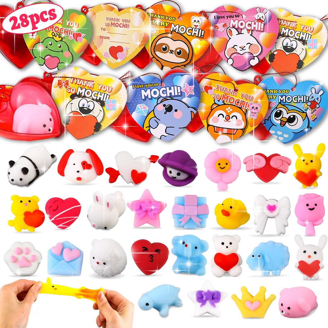FLYSNK 28 Pack Mochi Squishes Valentines Day Gifts for Kids Classroom Valentines Day Cards for Kids School, Valentines for Class Valentines Exchange Cards Party Favors Classroom Exchange Gift Set