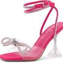 Shoe Land Women’s Clear Rhinestone Bow Heels – Double Bowknot & Adjustable Ankle Strap | Crystal Stiletto High Heels with Square Open Toe for Wedding & Party 10