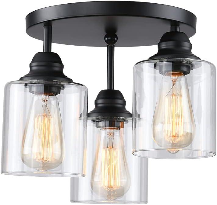 3-Lights Industrial Semi Flush Mount Ceiling Light, Vintage Light Fixture with Clear Seeded Glass Shade (1 Pack)