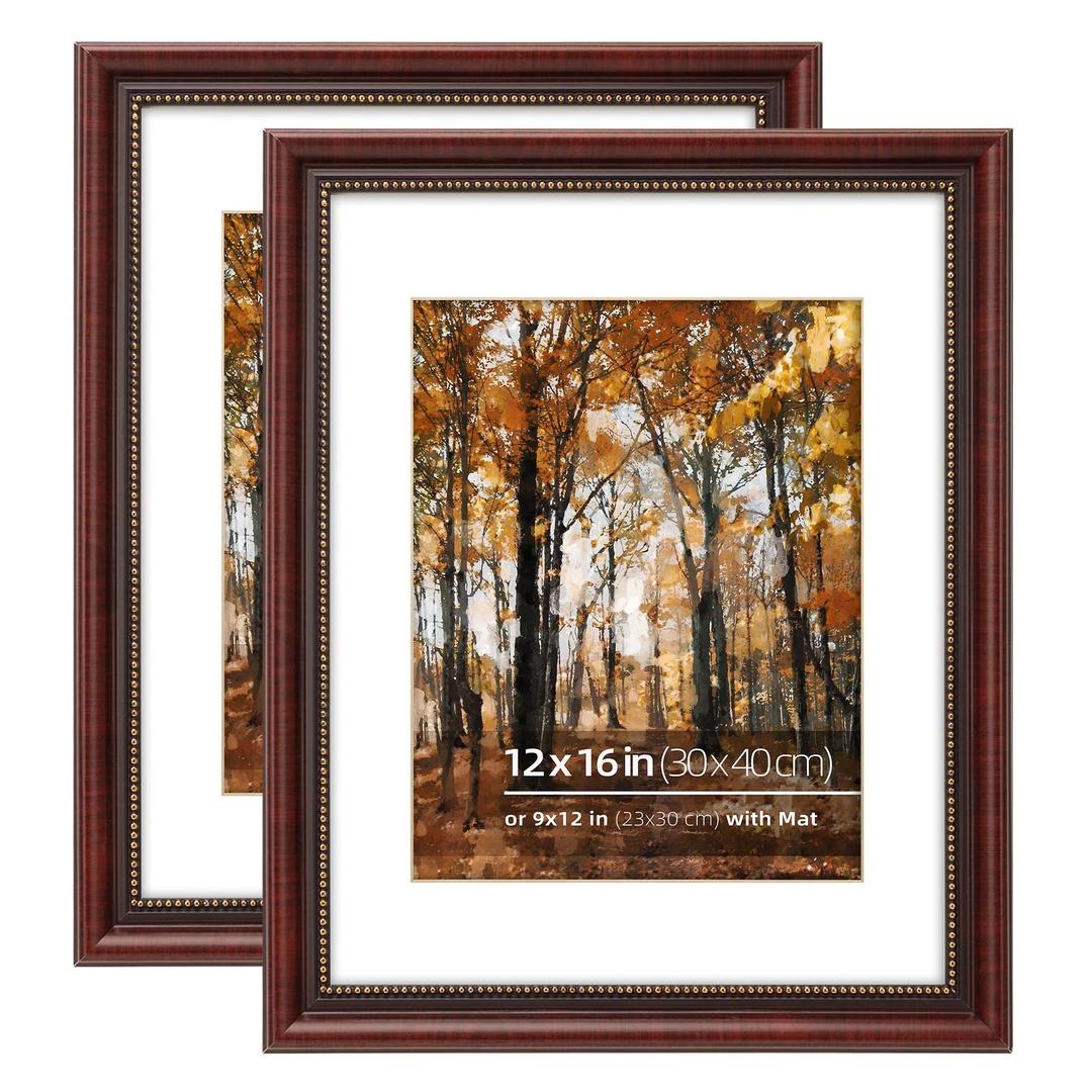 Eitida 12x16 in 2PK Vintage Cherry Wood Classic Poster Picture Frame, Ornate Gold Beaded Inner, Matted for 9x12 Photo, Wall Mount Display Vertically or Horizontally, Real Glass