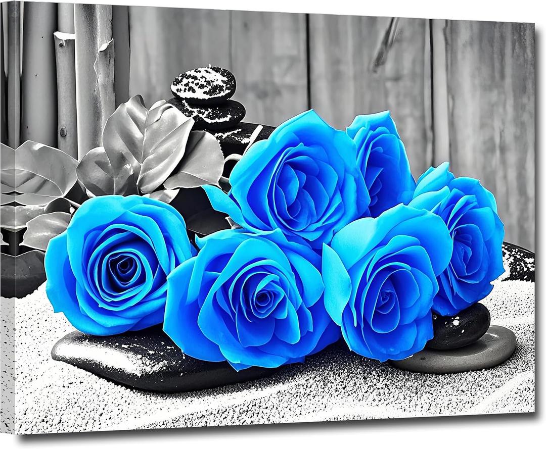 ZHIYYHAO Black and White Blue Roses Canvas Wall Decor Framed Modern Zen Artwork For Bedroom Bathroom Office Home Decor Ready to Hang（rose-2，24.00L X 16.00W''）