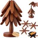 Wooden Trivets for Hot Dishes, 4 Wooden Tree Trivets + 1 Stand Stored Like a Christmas Tree (Walnut)