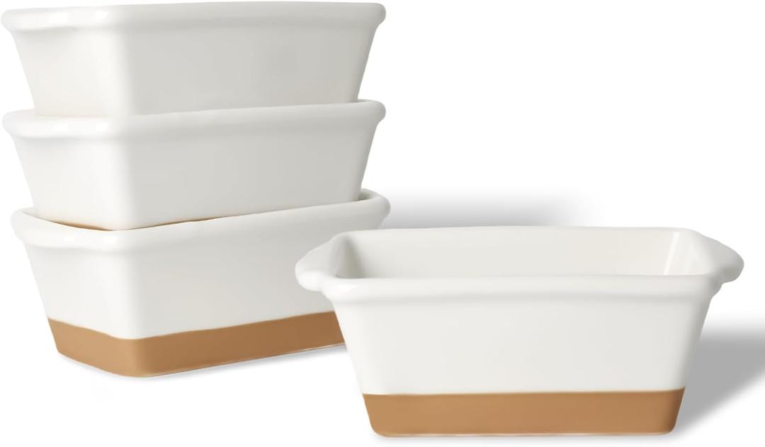 GDCZ Mini Loaf Pan Set, 6.2-Inch 4 Pcs Ceramics Non-Stick Baking Bread Pan, Rectangular Bread Baking Tray with Handle, Microwave and Dishwasher Safe (White/Brown)