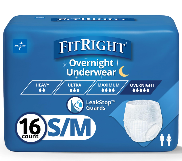 FitRight Overnight Unisex Underwear, Small/Medium (28-40 in Waist), 16 Count, Maximum All Night Disposable Incontinence Protection, Pull-On Absorbent Underwear for Men & Women, 1 Bag