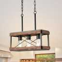 Genuine Wood Farmhouse Kitchen Island Light, 3-Light Rustic Pendant Chandelier with Adjustable Height, Metal Linear Hanging Lamp for Dining Room Bar Pool Table
