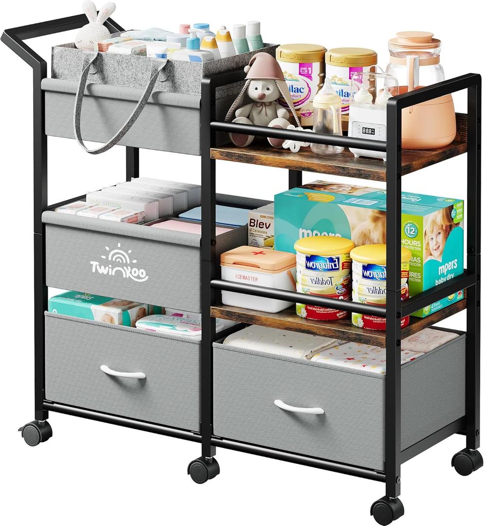 2-in-1 Baby Diaper Caddy Organizer, 3 Tier Rolling Storage Cart with Dividers and Drawers, Baby Essentials for Nursery Storage, Mobile Utility Cart with Wheels Large Capacity Easy to Assemble (Black Metal Frame With Grey Drawers)