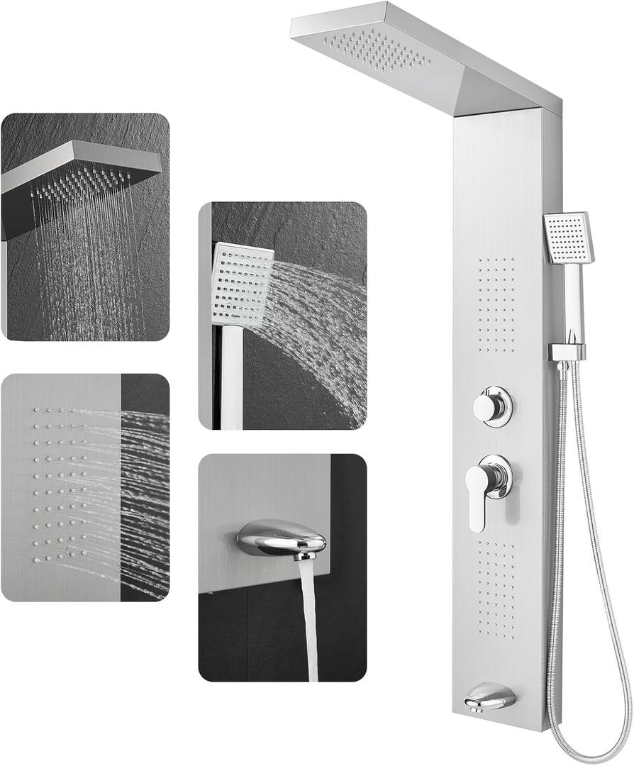 ROVOGO Shower Panel Tower System cUPC Certified, High Pressure Rainfall Shower, Body Jets, Handheld and Tub Spout, 46.5 in. Shower Column Stainless Steel, Brushed (Brushed-no led lights)