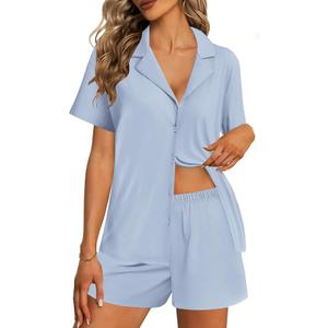 Ekouaer Womens Pajama Sets 2 Piece Cotton Pjs Button Down Sleepwear Short Sleeve Lounge Set with Pockets,L, Light Blue
