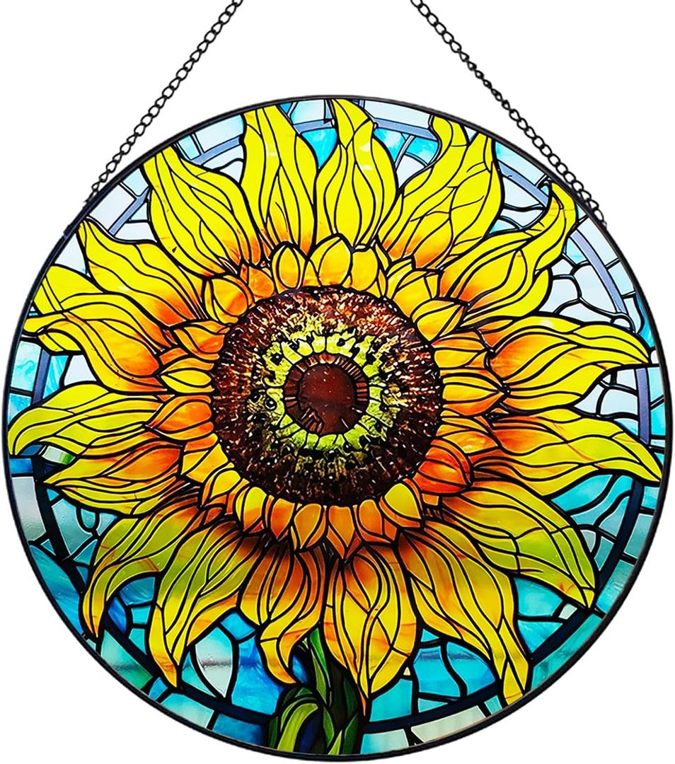 Sunflower Decor Suncatcher Stained Glass Window Hanging 7.87 Handmade Garden Suncatchers for Windows Hanging - Sun Catchers Wall Art Glass Panel Gifts for Mother's Day Christmas Birthday
