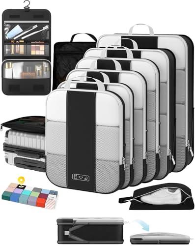6 Set Compression Packing Cubes for Travel Essentials,Compressible Expandable Packing Cubes for Suitcase,OlarHike Luggage Organizer Bags for Travel,Handy Helper for Organizing Clothes(Black)