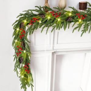 6 Ft Christmas Norfolk Pine Garland Prelit 20 Warm Lights Red Berries 8 Flashing Modes IP44 Battery Box for Mantle Outdoor Indoor Decoration