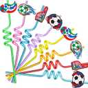 Domensi 24 Pack Soccer Party Straws with Toppers for Sports Party Favors, Soccer Ball Themed Decorations, Fun Reusable Cute Silly Football Themed Plastic Straws for Game Day, 10.6 in / 27 cm long