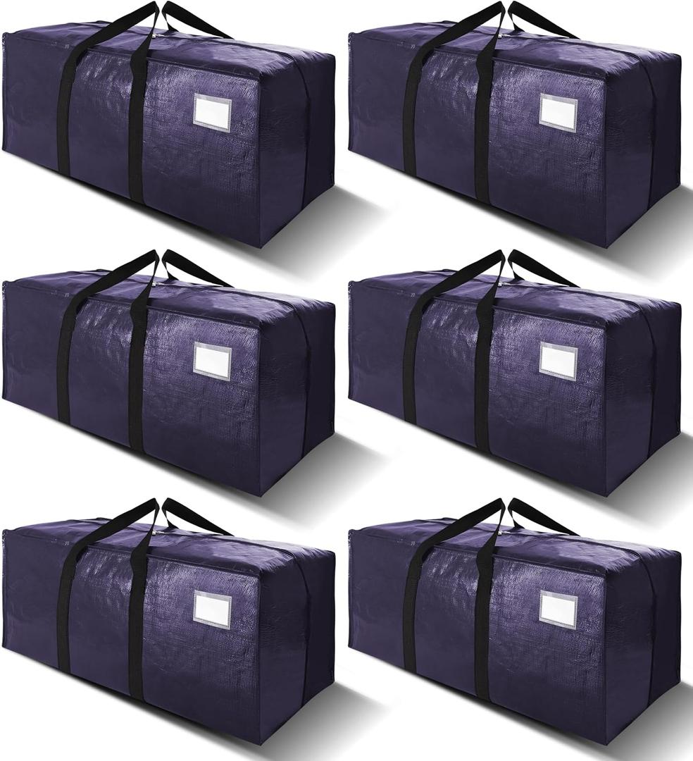 6 Pack Heavy Duty Extra Large Moving Bags W/Backpack Straps - Strong Handles & Zippers, Storage Totes For Space Saving, Fold Flat, Alternative to Box and Bin (40 gal, Blue)