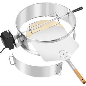 onlyfire Stainless Steel Multi-Purpose Rotisserie and Pizza Combo Kit for Weber 18" and Other Similar Kettle Grills - Include Pizza Peel and Pizza Stone