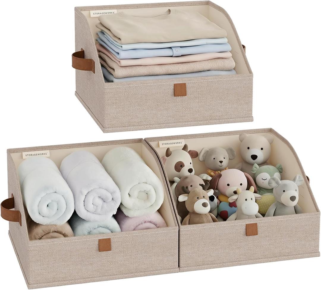StorageWorks Closet Storage Bins, Trapezoid Organizer Box for Shelves, Fabric Clothes Bin, Foldable Organizing Baskets with Handles, Small, Brown and Beige, 3-Pack