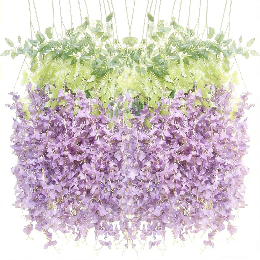 HUAHUA Artificial Wisteria Flowers, White Dense Artificial Fake Wisteria Vine Ratta Hanging Garland Silk Flowers String for Home Party Wedding Decor (24pcs Light Purple)