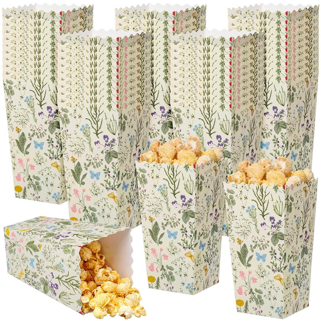 Geyoga 50 Pcs Wildflower Popcorn Boxes 6 x 3 x 2.4 in Retro Green Flower Popcorn Bucket Disposable Paper Party Candy Snack Containers for Movie Night Birthday Bridal Baby Shower Party Supplies