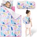 Toddler Nap Mat with Pillow and Blanket, Soft Sleeping Bag for Kids Boys and Girls, Slumber Bags Kids for Preschool, Daycare, Travel, Camping, 54" x 33" Great for Ages 3 Plus (Pink)