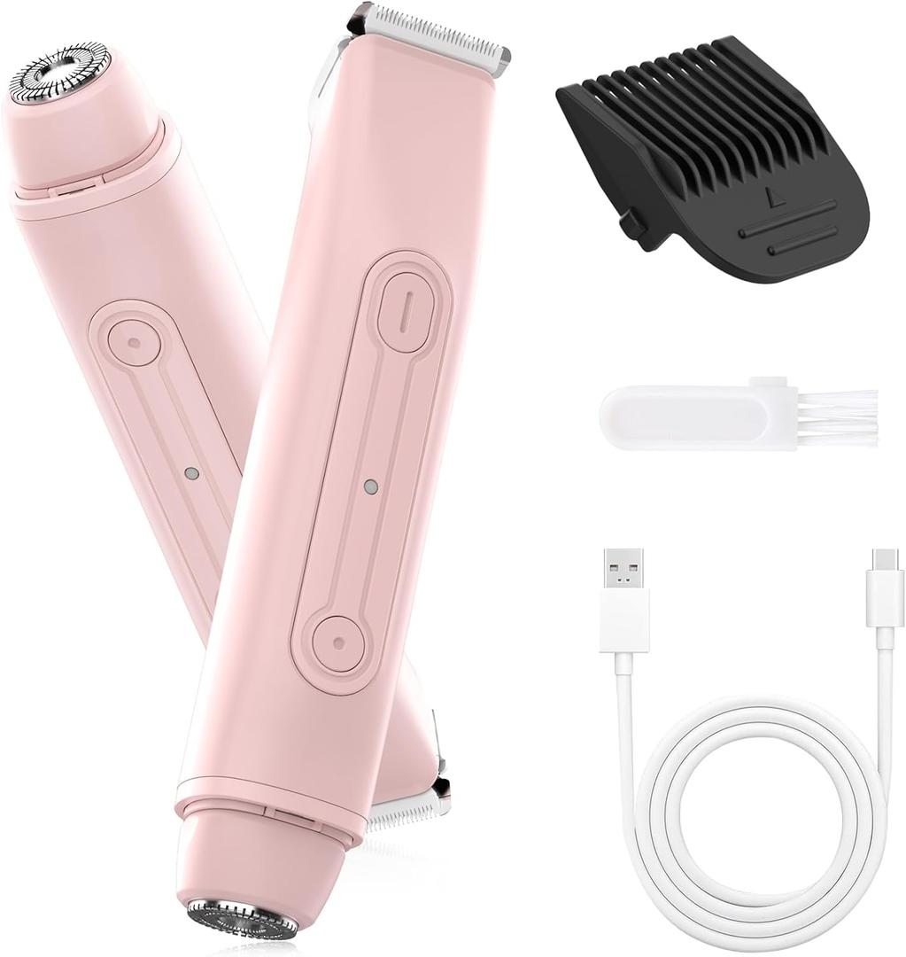 2 in 1 Women Electric Shaver - Dual Head Bikini Trimmer for Women Waterproof Wet & Dry Use Body Hair Trimmer and Facial Hair Remover, Painless Razors for Bikini Underarm Leg Arm Body Face, Pink