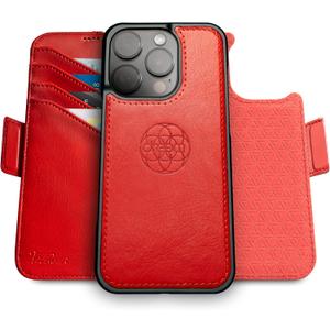 Dreem Real Leather for iPhone 16 Pro Case Wallet, Revolutionary Phone Stand, MagSafe-Fit, Magnetic Detachable Flip Cover, RFID Blocking Card Holder, Gift-Box [Fibonacci:Red]