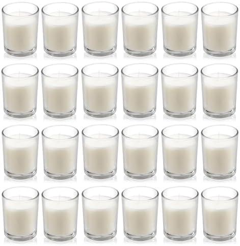 Housecret ONLY 24 Pack Warm White Unscented Clear Glass Filled Votive Candles. Hand Poured Wax Candle Ideal Gifts for Aromatherapy Spa Weddings Birthdays Holidays Party