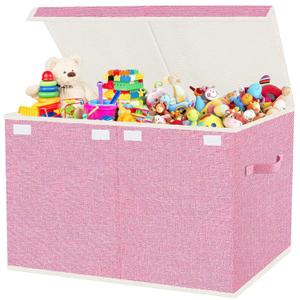 Large Collapsible Toy Storage Box with Lid & Handles - Kids Organizer Chest for Toys, Clothes, Blankets (Pink, Nursery, Playroom, Bedroom)-24.5''13''16''