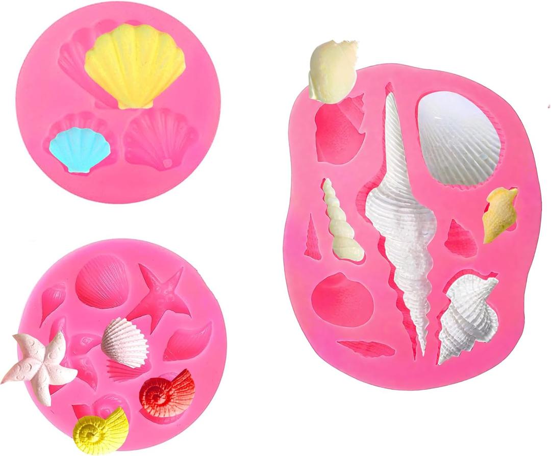 3PCS Marine Theme Cake Fondant Silicone Mold, Seashell Conch Starfish Silicone Baking Mold for Candy,Chocolate,DIY Crafts,Fondant,Polymer Clay,Crafting Projects & Cake Decoration (Pink)