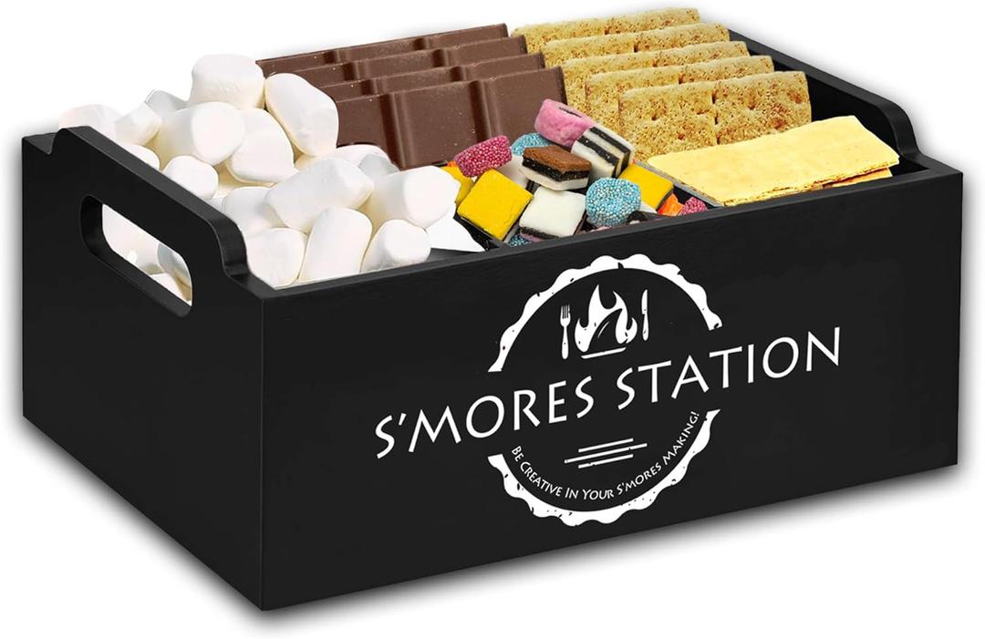Wooden Smores Kit For Fire Pit Outdoor, Smores Caddy Organizers, Farmhouse Tabletop Smores Bar Holder with Handles, Smores Station Box, Bonfire Campfire Accessories (Black)