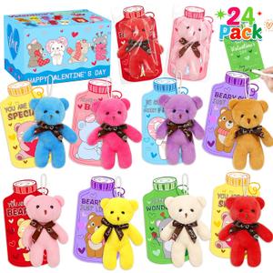 MUKOSEL 24 Pcs Valentines Day Gifts for Kids Classroom with Valentines Cards Mini Bears Plush Toys, Bulk Girls Boys Kids Valentines Day Gifts for School Class Party Favors Exchange Prize