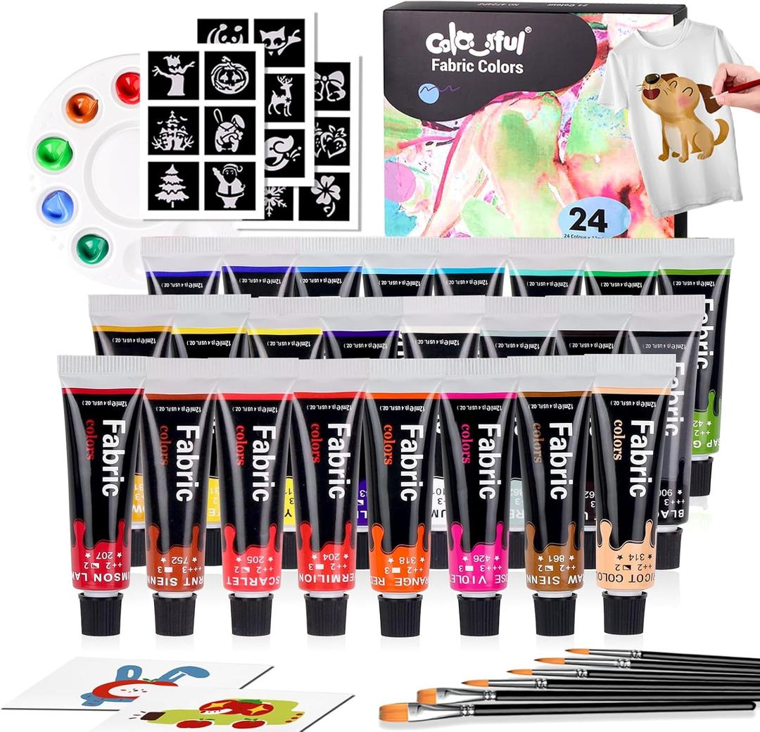 Colorful Fabric Paint Set for Clothes 24 Colors - Permanent Textile Paint Kit for Shoes, Canvas - Non-Toxic Slick Painting Set for Adults, Beginner & Artists (0.4 Fl Oz (Pack of 24))