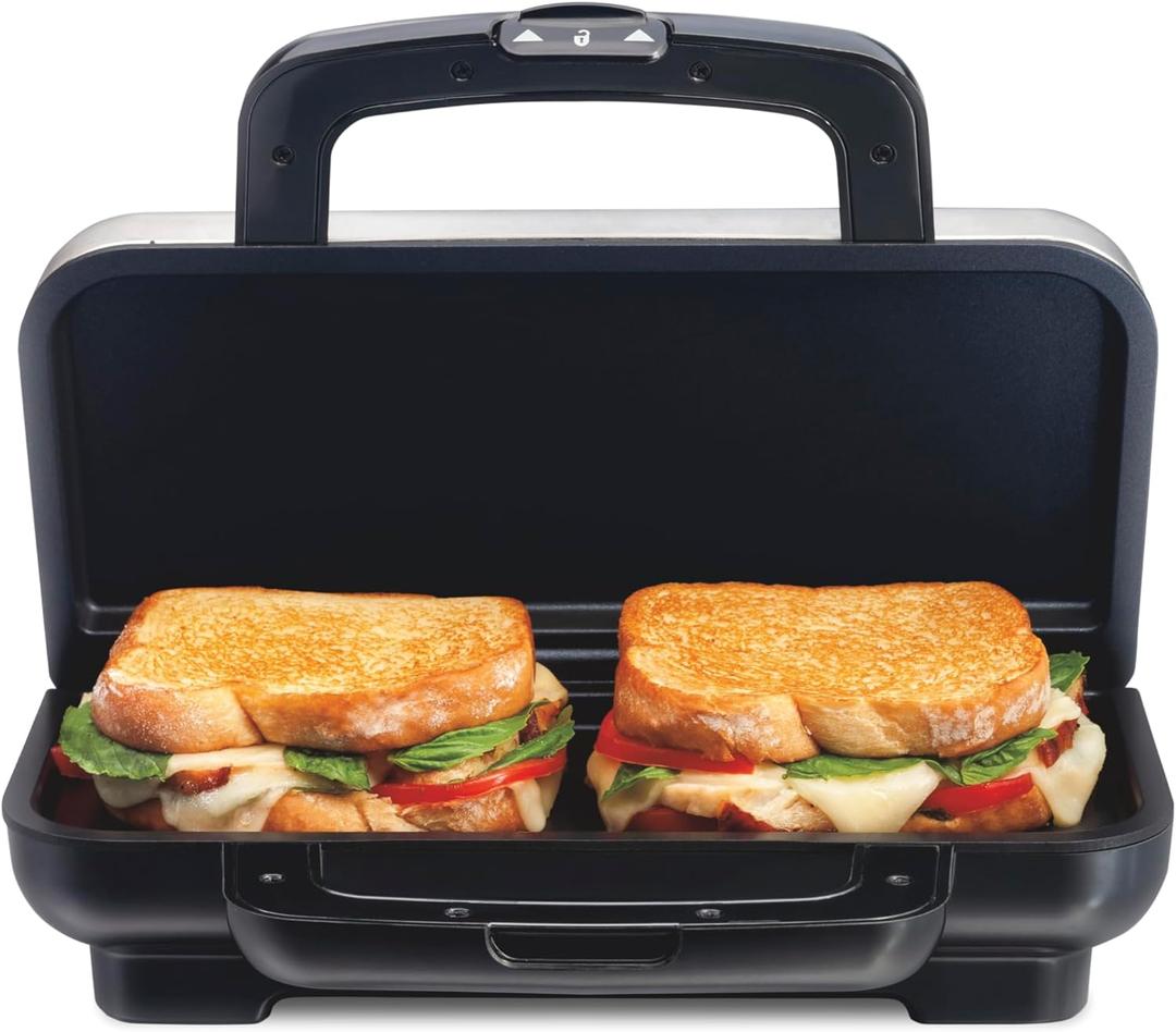 Proctor Silex Deluxe Hot Sandwich Maker With Easy-Clean Durable PFAS-Free Nonstick Ceramic Plates, Fits up to 2 Grilled Cheese, Ruebens, Tortas or Subs, Stainless Steel (25415MN)