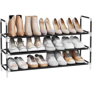 SONGMICS 3-Tier Shoe Rack, Shoe Storage for Hallway Closet, Slim and Space-Saving, Metal Frame, Non-Woven Fabric Shelves, Black ULSH053B01 (Pack of 6)