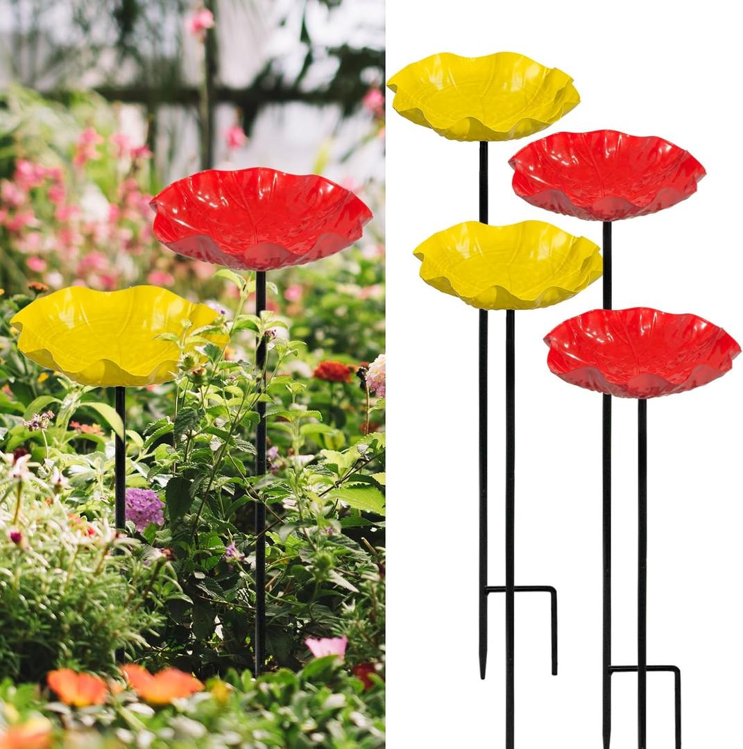 4 PCS Metal Bird Baths for Outdoors, Small Garden Bird Bath & Bird Feeders with Metal Stake, Hummingbird Feeder for Outside Lawn Yard Garden Decor