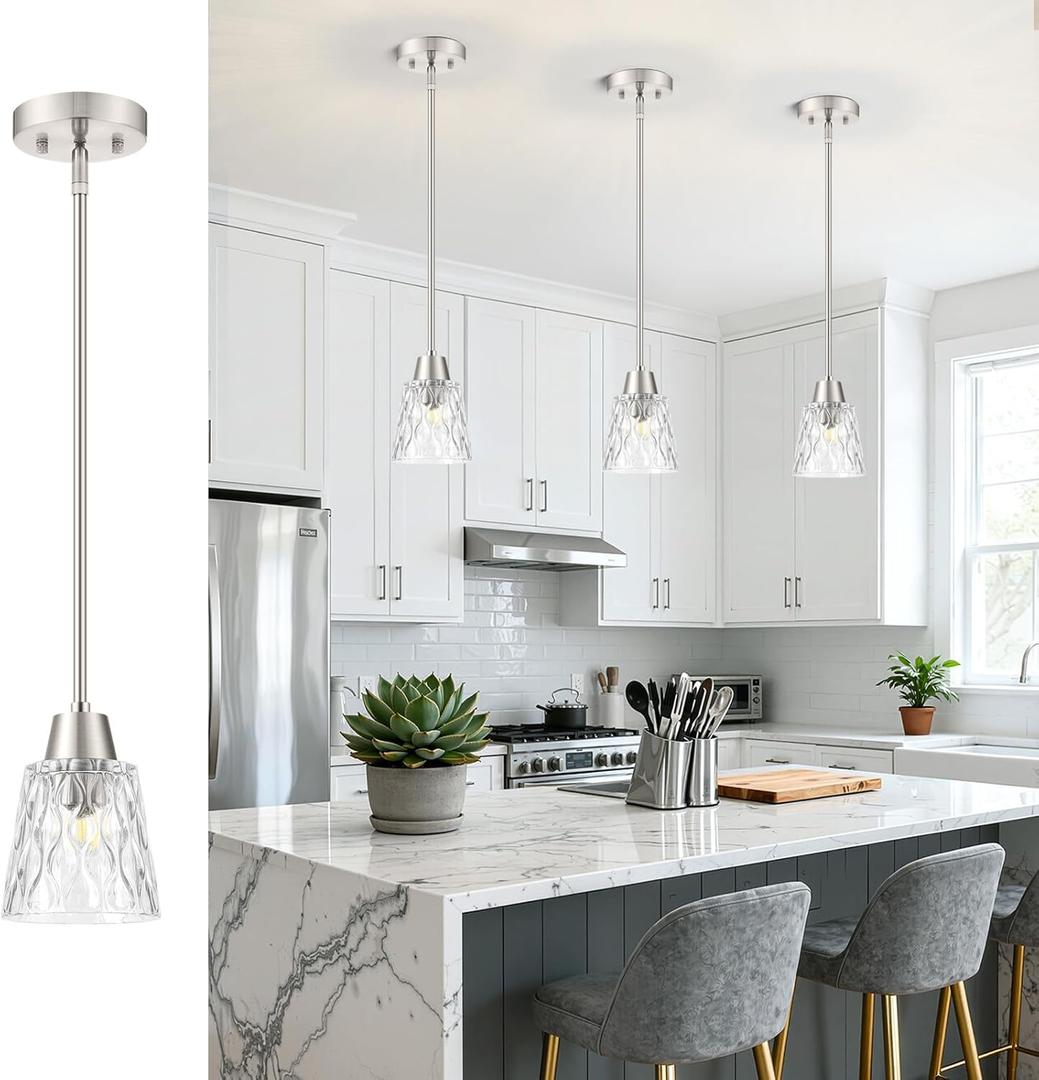 Glass Pendant Lights Kitchen Island, 1-Light Modern Brushed Nickel Mini Pendant Light Fixtures with Cone Glass and Rods, Mini Hanging Light for Kitchen Sink Dining Room Bathroom