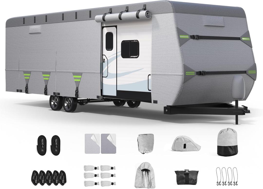 ACTFLAME 7-Layer Thickened RV Cover, 24-27ft Ultra Windproof & Tear Resistant Travel Trailer Cover, All-Weather Camper Cover with 6 Vents & Breathable Design, 5+2 Reinforced Straps and Complete Kit