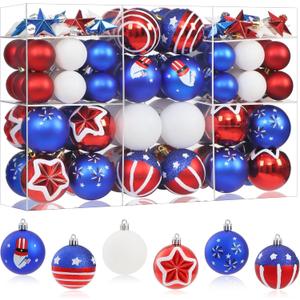 100Pcs 4th of July Tree Decorations Patriotic Ornaments, 2.36'' Memorial Day Red White Blue Ornaments and Star, Shatterproof American Hanging Ball Decor for Independence Day USA 250th Holiday