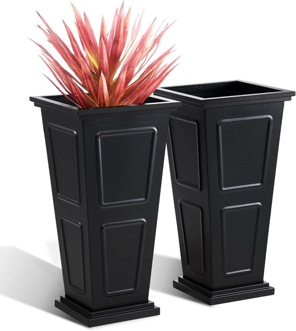 26" Tall Metallic Planter Set of 2, Black Taper Planters with Removable Partition Drainage Holes, Large Outdoor Planter for Front Porch, Garden, Patio, Balcony, Classic Estate Design, All-Weather Use
