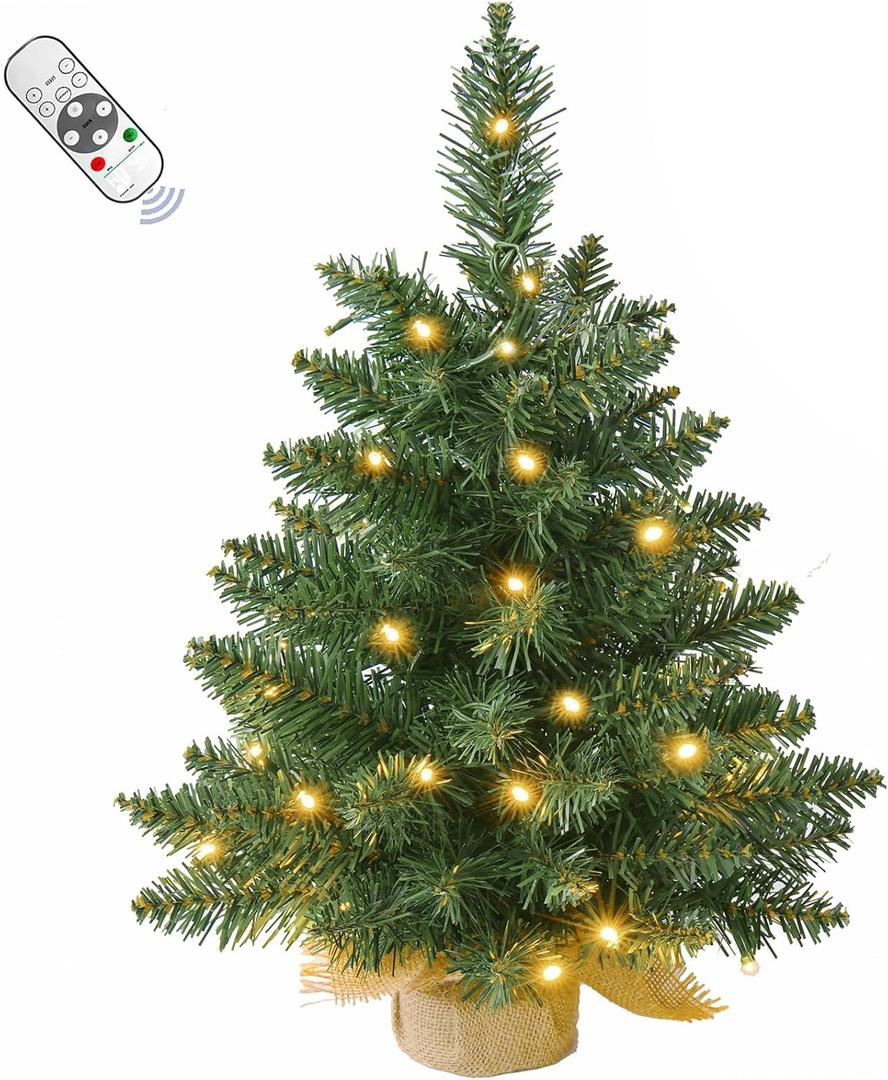 2FT Pre-lit Artificial Small Mini Christmas Tree with Warm White Multi-Color LED Lights, Remote Control and Timer, Perfect for Xmas Tabletop Decorations, Home, Kitchen, Dining Table top Balls