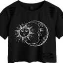 LovelyWholesale Women Graphic Crop Tops Short Sleeve Distressed Tee Casual Summer T Shirt Black Sun and Moon Large