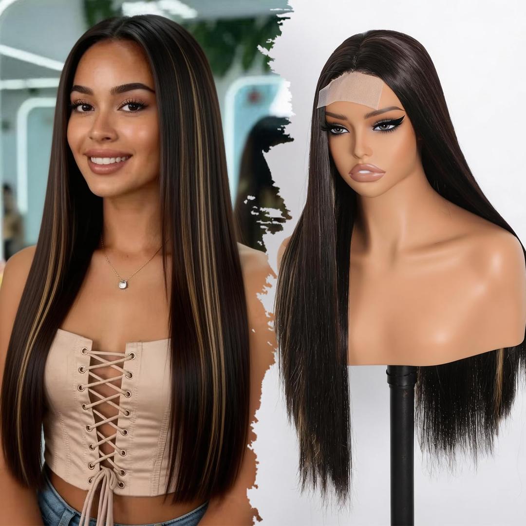 28 Inch Long Straight Honey Brown Wigs for Women, Heat Resistant Synthetic Hair Middle Part, Natural Looking Wig for Daily/Party/Cosplay