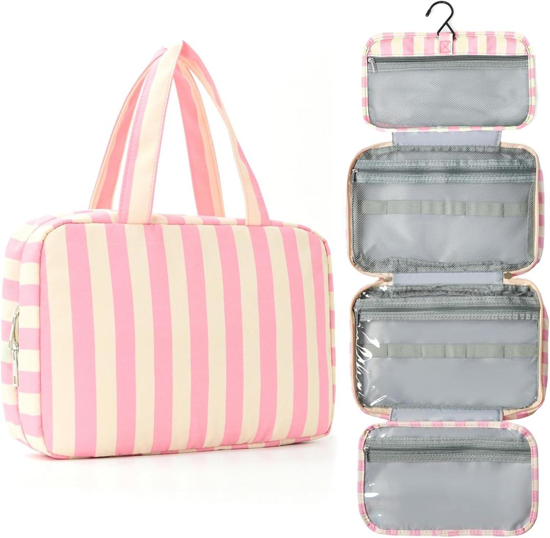 Toiletry Bag for Women Travel Water-resistant Cosmetic Bag Fashion Stripes Makeup Bag with Hanging Hook Preppy for Store Toiletries Cosmetic Accessories Medium Pink