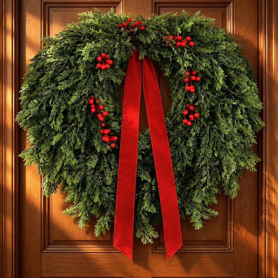 Suncalla 32''Christmas Wreath for Front Door Artificial Cedar Winter Wreath