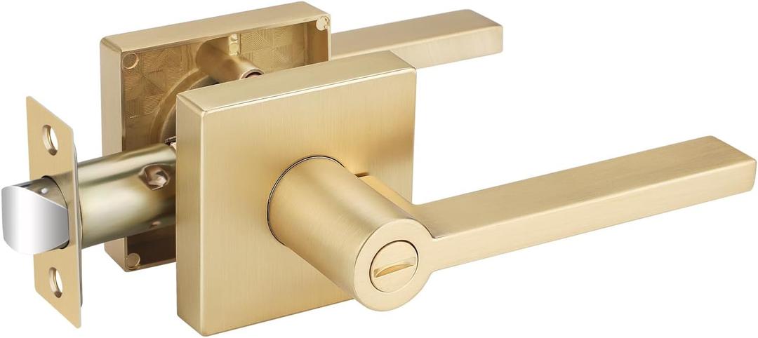 1 Pack Gold Door Handles, Heavy Duty Door Knobs Interior for Bedroom Bathroom, Zinc Alloy Privacy Door Levers Door Handle with Lock, Satin Brass Modern Door Hardware & Locks
