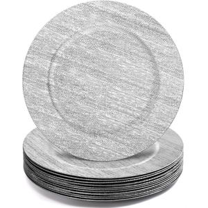 Jucoan 12 Pack Silver Charger Plates, 13 Inch Round Plastic Charger Plates, Decorative Silver Strip Plate Chargers for Dinner Plate, Wedding Thanksgiving Christmas Party Table Decor, Shiny Texture
